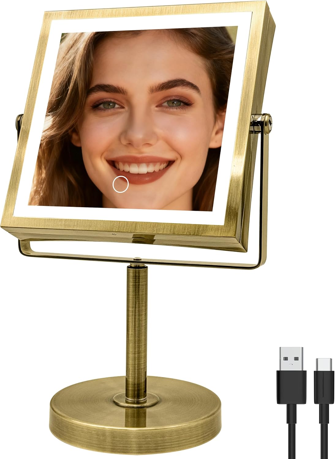 1X/10X Makeup Mirror with Lights, Double Sided, Antique Brass
