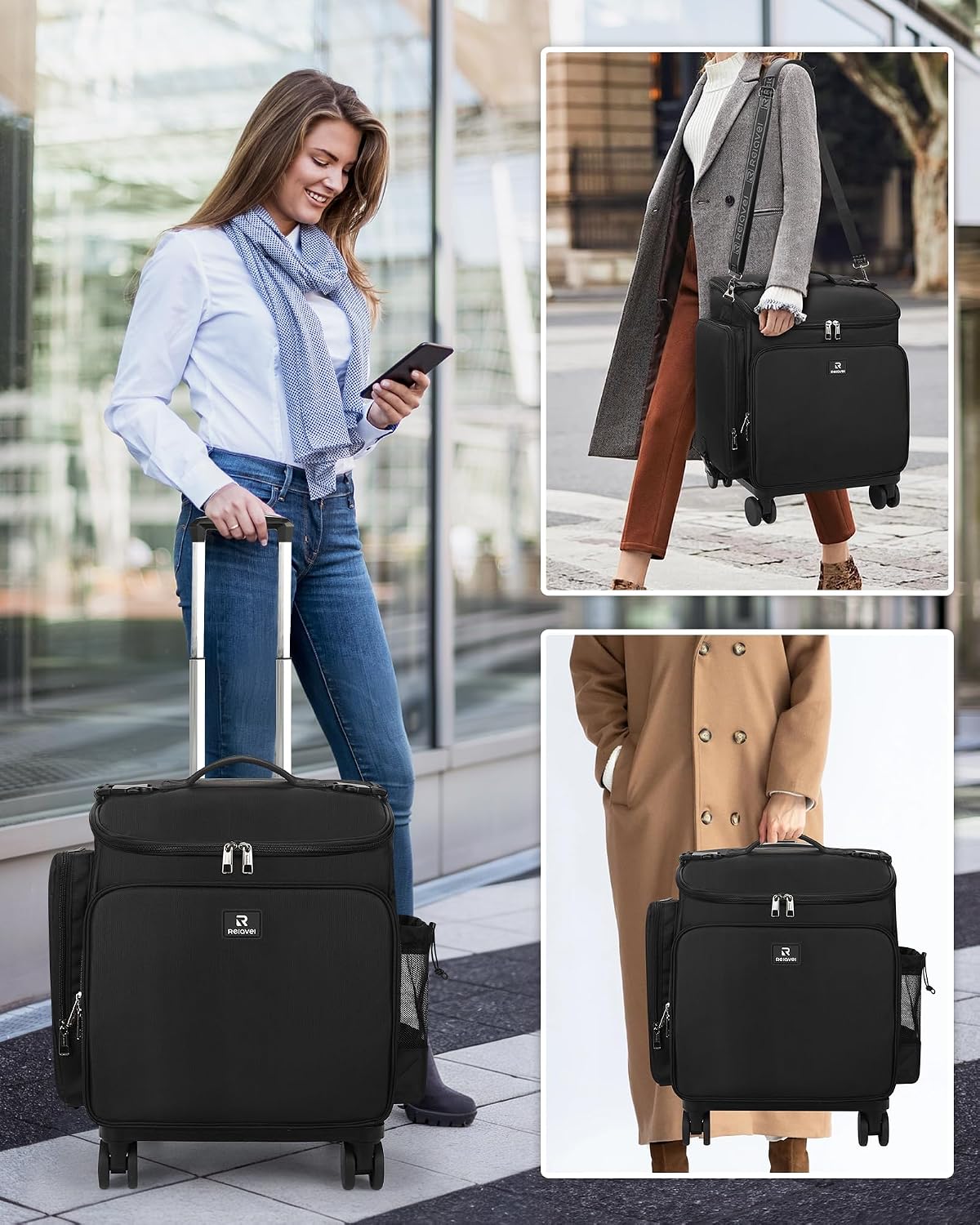 Relavel Rolling Makeup Case, Hair Tools Travel Bag Cosmetology Case on Wheels with 2 Clear Bags, Professional Hairstylist Bag Makeup Artist Storage Train Case Barber Organizer with 360° Spinner Wheels