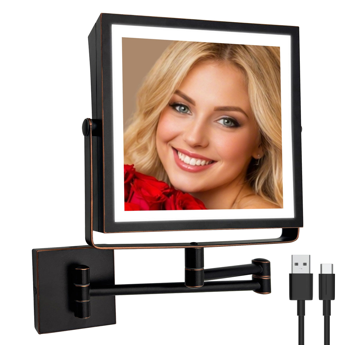 Ruacq Wall Mounted Makeup Mirror with Lights 1X/10X Dual Sided Matte Black