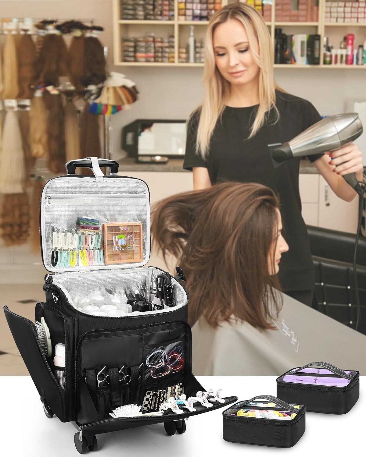Relavel Rolling Makeup Case, Hair Tools Travel Bag Cosmetology Case on Wheels with 2 Clear Bags, Professional Hairstylist Bag Makeup Artist Storage Train Case Barber Organizer with 360° Spinner Wheels