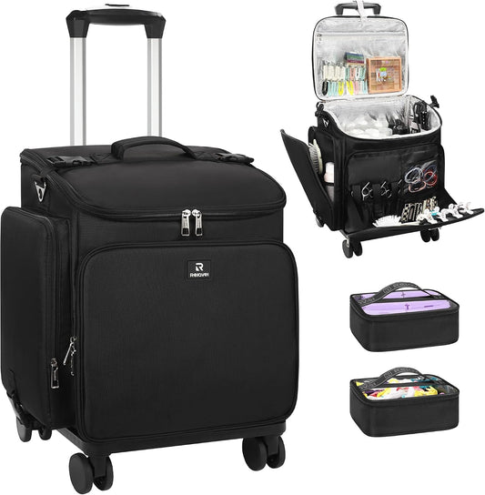 Relavel Rolling Makeup Case, Hair Tools Travel Bag Cosmetology Case on Wheels with 2 Clear Bags, Professional Hairstylist Bag Makeup Artist Storage Train Case Barber Organizer with 360° Spinner Wheels