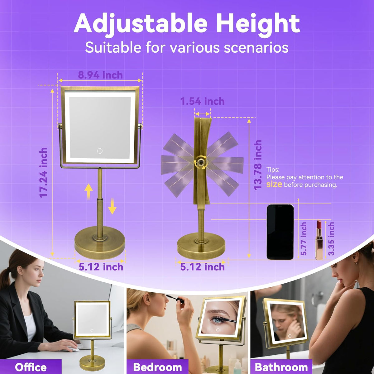 1X/10X Makeup Mirror with Lights, Double Sided, Antique Brass