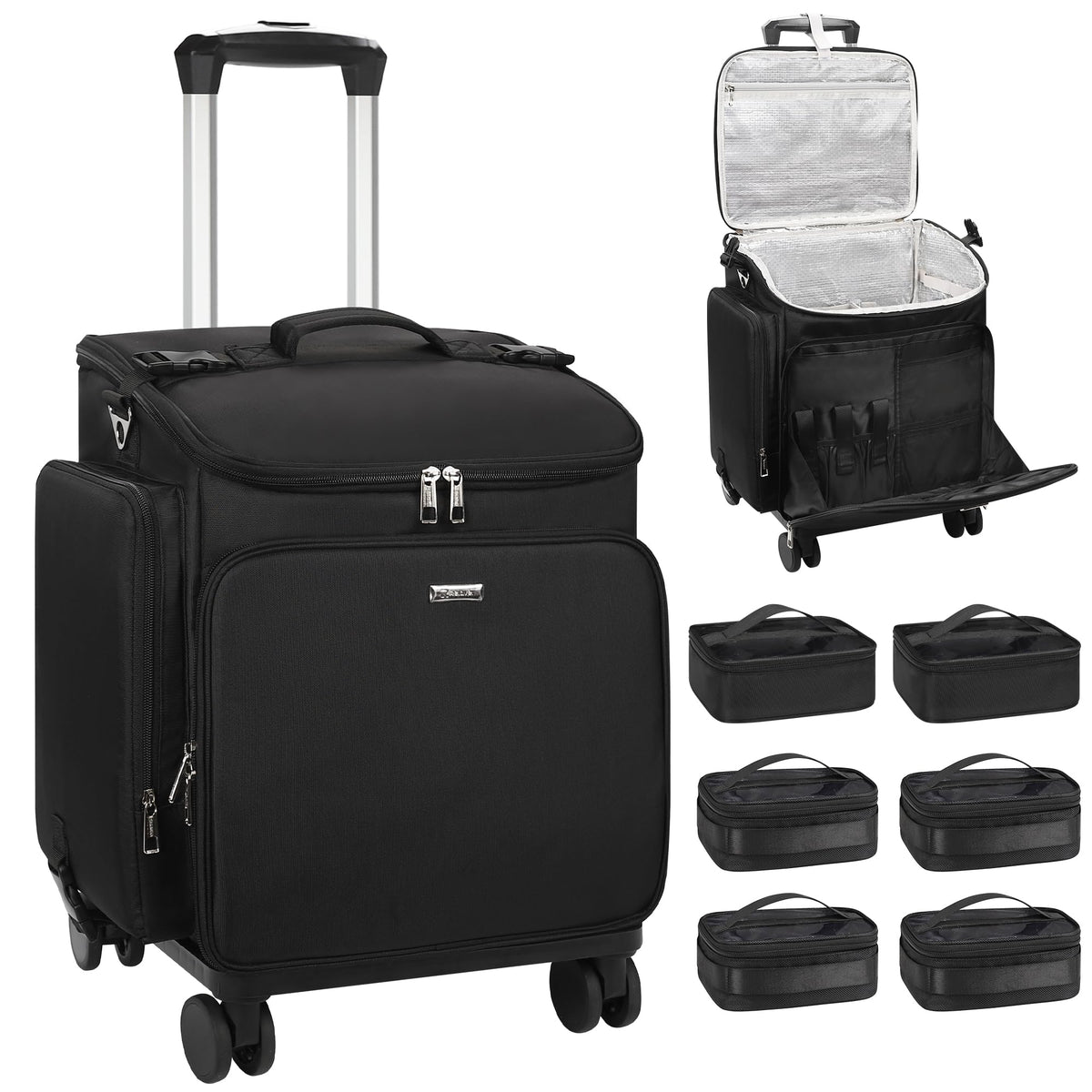 Relavel Rolling Makeup Case, Hair Tools Travel Bag Cosmetology Case on Wheels with 2 Clear Bags, Professional Hairstylist Bag Makeup Artist Storage Train Case Barber Organizer with 360° Spinner Wheels